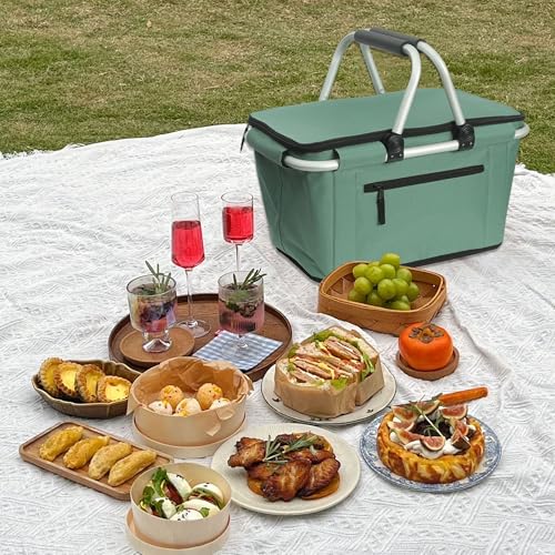 Picnic Basket, SIYUAN Collapsible Shopping Basket with Handles 27L Large Market Basket with Lid Reusable Folding Grocery Basket Insulated Cooler Bag, Green - color: Green