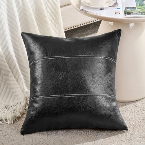 Fancy Homi 2 Packs Black Boho Faux Leather Decorative Throw Pillow Covers 16x16 Inch for Living Room Couch Bed Sofa, Rustic Modern Farmhouse Home Decor, Hand Stitched Square Cushion Case 40x40 cm - color: Black, size: 16" x 16" (Pack of 2)
