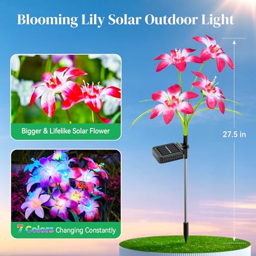 Ahaorigin Solar Garden Lights Outdoor, 6 Pack Blooming Lily Solar Flowers Outdoor Waterproof, 7 Color Changing Bigger Flower Lights for Yard Patio Outside Decorative Mom Gift - size: 6 Pack