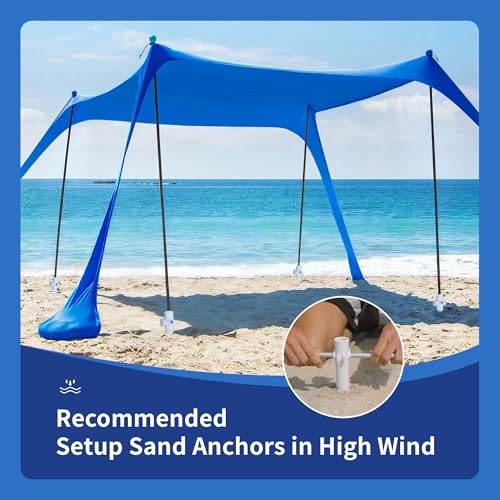 AMMSUN Beach Tent Sun Shelter, 11x11 FT Beach Canopy Tent Sun Shade with 4 Sand Anchor & Sand Bags | UPF 50+ Protection | 4 Thickened Poles | Windproof & Lightweight for Camping, Blue - color: Blue, size: 11x11 FT (4 Pole)