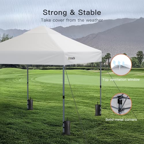 Amada 10x10 Pop Up Canopy Tent, 1-Button Push Easy-up Outdoor Canopy Beach Tent with 3-Height Adjustable Waterproof Shade Shelter, Wheeled STO-N-Go Bag 8 Stakes, 4 SandBags (10x10ft, White) - color: White, size: 10x10ft