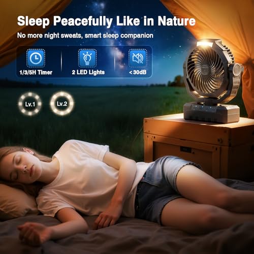 Camping Fan Rechargeable, 20000mAh Battery Powered Portable Fan with 4 Speeds & 2 LED Lights, Cordless Outdoor Tent Fan with Hanging Hook for Home Office Beach Travel - Black - color: Black