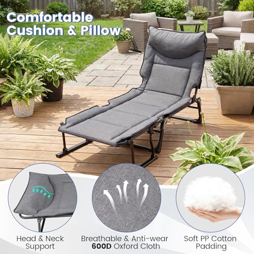 Tangkula 3 in 1 Lounge Chair Outdoor with Cushion, Patio Folding Chaise Lounge Chair with 6-Position Adjustable Backrest & Headrest, Heavy Duty Metal Frame for Pool Lawn Deck Camping