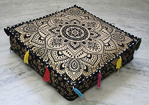 ICC Large Square Cotton Mandala Cushion Cover Hippie Ottoman Pouf Cover Daybed Floor Pillow Cover with Heavy Duty Zipper Seating Ottoman Poufs Dog-Pets Bed (Black Gold Flower, 18" Square) - color: Black Gold Flower, size: 18" x 18" (Pack of 1)