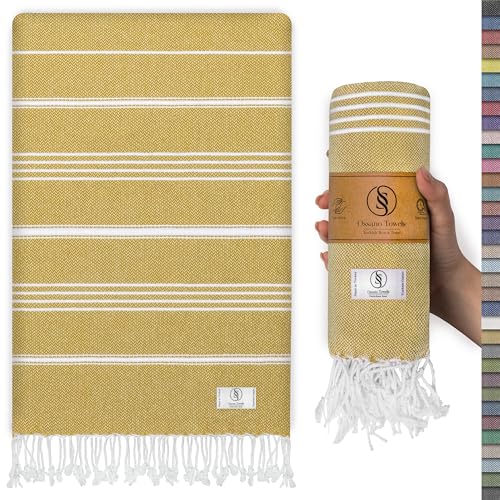 Ossano Turkish Beach Towel Quick Dry & Soft Oversized (39" x 71") - Compact, Versatile and Functional as Yoga Mat, Picnic and Travel Blanket, Cruise and Bath Towels - Mustard - color: Mustard