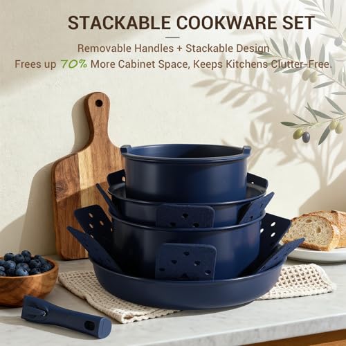 Ammeloo 18-Piece Ceramic Pots and Pans Set Non Stick, Non Toxic Cookware Set with Removable Handles, Pot Sets for Cooking, Induction Ready, Dishwasher & Oven Safe, PFAS PFOA & PTFE Free (Navy Blue) - color: Navy Blue