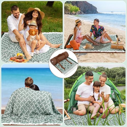 VitalCozy Waterproof Picnic Blankets 71×71 inch Outdoor Blanket Foldable 2 in 1 Double Layer Sandproof Beach Mat with Carry Strap for Camping Lawn Park Beach Grass(Green) - color: Green White