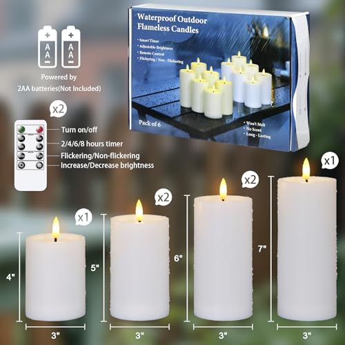 Yeelida Outdoor 6pcs Flameless Waterproof Candles with Handy Remote Control, Cycle Timer Battery Operated Candle Grease Effect LED Flickering Pillar Plastic Long Lasting (White, 3" x4" 5" 5" 6" 6" 7") - color: White, size: 4" 5" 5" 6" 6" 7"