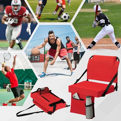2pcs Stadium Seat for Bleachers with Back Support，Portable Bleacher Chairs with Back and Cushion，Includes Shoulder Strap and Cup Holder - color: Red,2 Pack