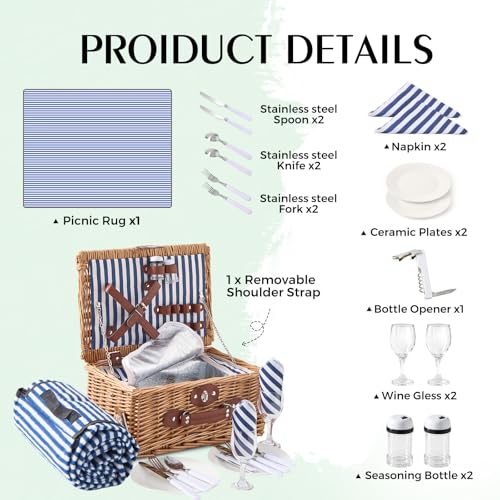 Willow Picnic Basket Set for 2 with Large Insulated Bag and Waterproof Picnic Blanket, Wicker Picnic Hamper for Camping, Outdoor, Birthday, Valentine, Navy - color: Navy With Blanket, size: For 2 Persons