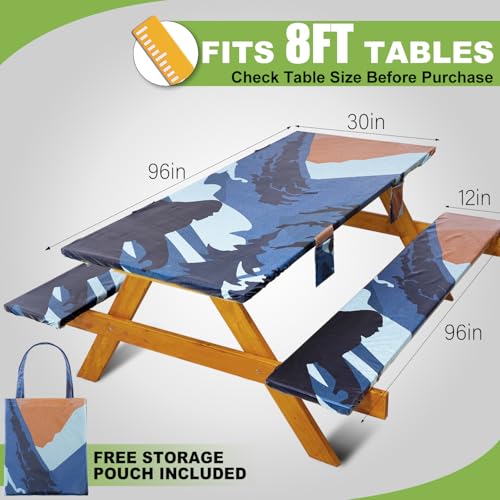 Fitted Picnic Table Cover with Bench Covers Waterproof Elastic Edges Rectangle Patio Tablecloth Outdoor Camping Essentials Stuff Rv Accessories Summer Trip Travel Supplies Party Camper Gifts, 8 ft - color: Blue Forest, size: 96in
