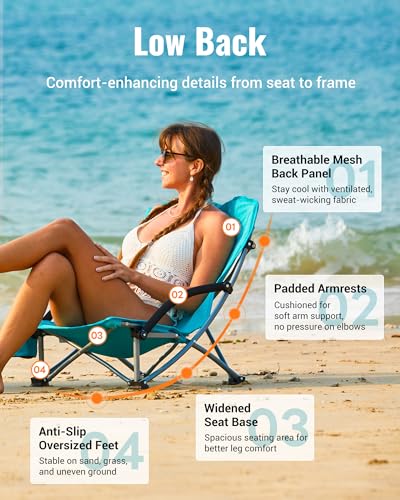 KingCamp Low Beach Chair, High Back Folding Camping Chair for Adults, Oversized Breathable Mesh Seat, 300lbs Heavy Duty Portable Chair with Cup Holder & Storage Pockets for Beach, Outdoor - color: Ergobreeze C Cyan