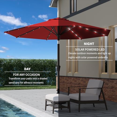 9FT Patio Umbrella with Solar Lights,Outdoor Market Umbrella with Tilt and Crank, LED Lighted Table Umbrella for Garden,Deck,Backyard,Pool,Beach (Red) - color: Red