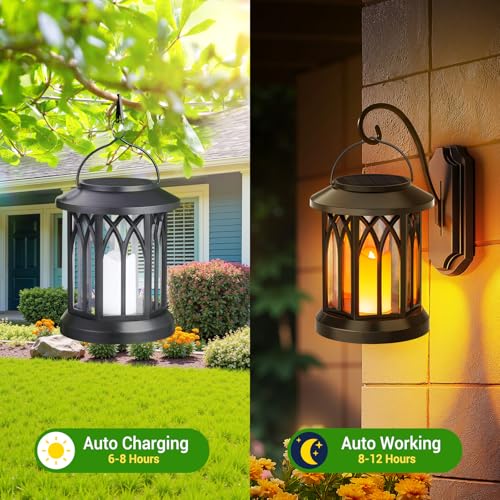 KOOPER 4 Pack Solar Lantern Outdoor Lights, Hanging Solar Lanterns Outdoor Waterproof, Christmas Gifts LED Flickering Flameless Candle Mission Lights for Yard Table Garden (Black) - size: 4 Pack, style: Candle