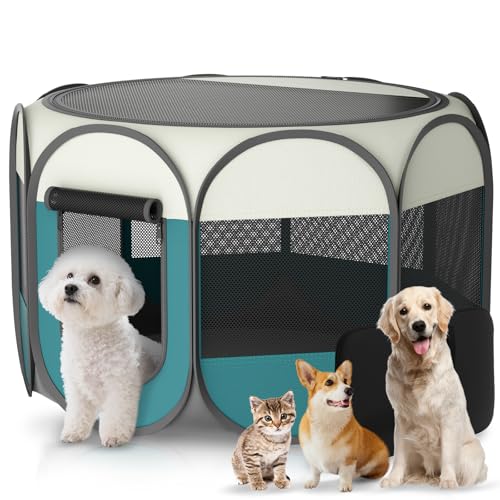 Portable Cat Playpen for Indoor Enclosed: Foldable Pet Playpen for Cat Small Dog Indoor Outdoor with Zipper Top Cover - Pop Up Puppy Kitten Tent Crates Cage Kennel with Carrying Case (Blue/White) - style: S [28.7" × 28.7" × 16.9"]