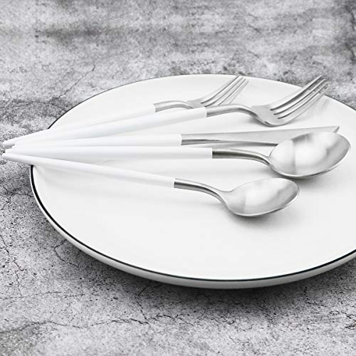 5-Piece Matte Silver Stainless Steel Satin Finish Flatware Set - Dishwasher Safe, Perfect for Camping, Office Lunch or Home Use - color: White Handle Silver, size: Service for 1