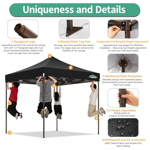COBIZI 10x10 Pop Up Canopy Tent Heavy Duty with 4 Sidewall, Commercial Outdoor Easy Pop Up Gazebo for Party Wedding All Weather Waterproof UV 50+ with Carry Bag(Leg Upgraded),Black - color: Black, size: 10x10 FT