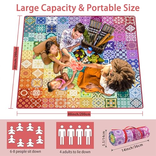 Supfitness Extra Large Picnic Blankets Waterproof Foldable (80 "x 80") Beach Blanket Waterproof Sandproof,3-Layer Thicking Mat Outdoor Packable Camping Blanket(Bohemian) - color: Multi Color, size: 80x80in