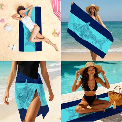 Shark Microfiber Lightweight Beach Towel Sand Free Quick Dry Absorbent Thin Towels Blanket for Swimming Pool Camping Beach Vacation Essentials Accessories Travel Things for Cruise Gym - color: Lcs Multicolor 1537