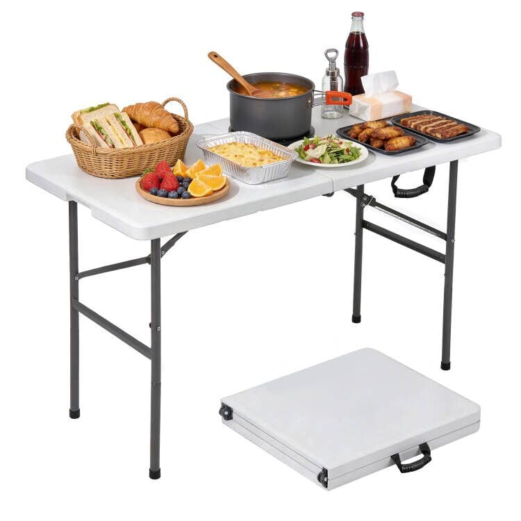ZENY 4ft Portable Folding Table Plastic Indoor Outdoor Picnic Party Camp Dining Table with Handle, White - color: White, size: 48" x 24"