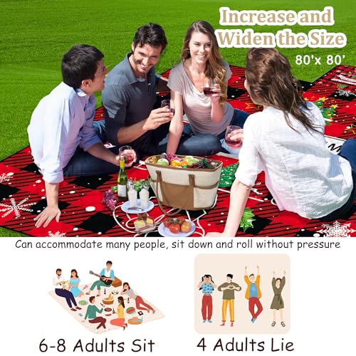 Poedist Christmas Extra Large Picnic Blanket Waterproof,80"x 80"Foldable Machine Washable Beach Blanket,Outdoor Blanket for 6-8 Adults,Suitable for Crawling,Park Beach,Camping,Hiking,Family - color: Red- Christmas, size: 6'8" x 6'8" (Square)