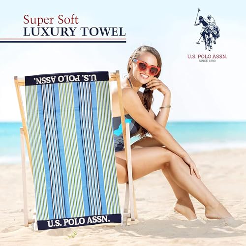 U.S. Polo Assn. 2-Pack Luxury Plush Cotton Oversized (40" x 70") Beach Towels, Striped Nautical Design, Hotel Quality for Bath & Pool- Blue/Green - color: Blue/Green 2, size: 40" x 70"
