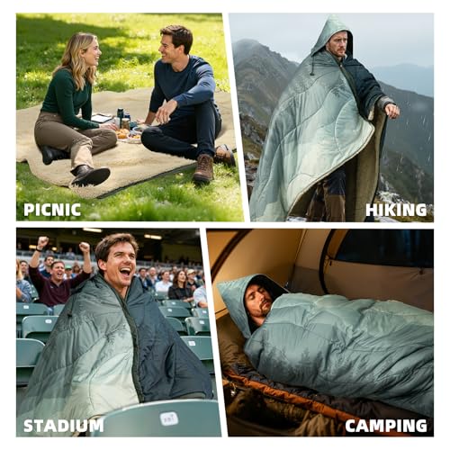 Outdoor Camping Blanket with Sherpa Lining, Extra Warm Thick Camp Blankets and Puffy Ultralight Soft Poncho DWR Camping Quilt for Cold Weather, Adventure, Sleeping, Backpacking 78"x 56" - color: Hooded - Pale Green, size: 78 X 56 Inches