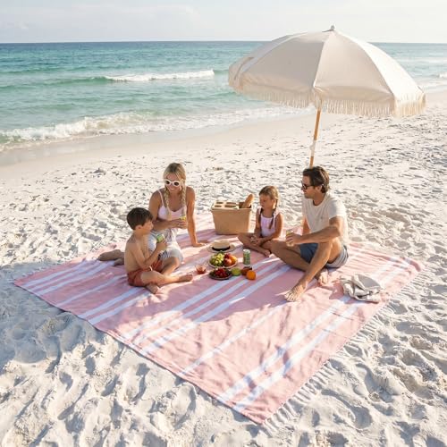 ZICOTO Beautiful Extra Large Beach Blanket with Tassels - Soft Oversized Turkish-Style Beach Towel for Relaxing Beach Days with the Whole Family - Lightweight Quick-Dry Picnic Blanket for Adults - color: Pink
