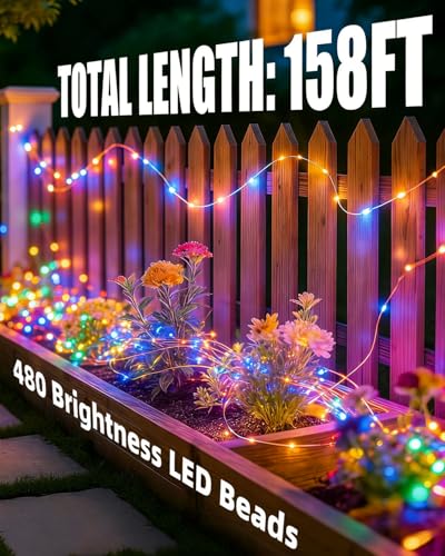 Solar Fairy String Lights 4 Pack Outdoor Remote Total 158FT 480LED Warm Multicolor 11 Mode Solar Powered Waterproof Copper Wire Twinkle String Light for Christmas Garden Tree Wedding Yard Decoration - size: 4 Pack