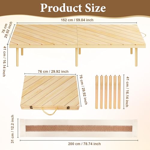 Folding Picnic Table with Boho Table Runner 60" x 30" Wooden Low Table, Portable for Indoor Outdoor Use Ideal for Camping Beach Weddings Garden Parties (Seats 6)