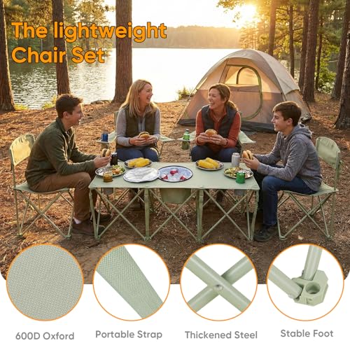5 Pcs Camping Chair and Folding Camping Table Set, Outdoor Folding Picnic Chairs Lawn Portable Camp Table with Cooler Bag & Cup Holder for Camping, Fishing, Sporting Events, Support 500lbs, Green - color: Green