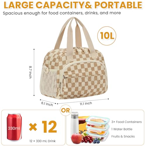 ELONGRIVER Corduroy Insulated Lunch Bag for Women Teen Girls, Portable Adult Lunch Box, Reusable Tote Cooler Bags, Lightweight Womens Lunch Bags with Front Pockets Work Picnic Travel,Khaki Checkered - color: Khaki Checkered