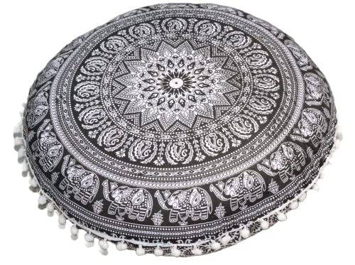 CRAFT KALA 22" Round Mandala Boho Pillow Cover Meditation Room Seating Poufs Cover for Living Room Yoga Room Home Bedroom Balcony Garden Party Decoration Cotton Floor Cushion Cover 22", B & W Elephant - color: Black and White Elephant, size: 22"
