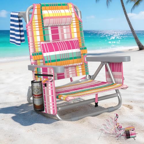 5-Position Backpack Beach Chair for Adults with Lumbar, Foldable Tall Heavy-Duty Beach Chairs with Cooler Bag,Cup Holder,Towel Rack for Beach, Camping, Outdoor (1, Rainbow Pink) - color: Rainbow Pink, size: 1 pack
