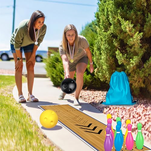 Mini Bowling Set Indoor Outdoor Indoor Bowling Set with Guide Arrow Mat Gold and Silver Medal Backpack Dispensing - color: Colorful