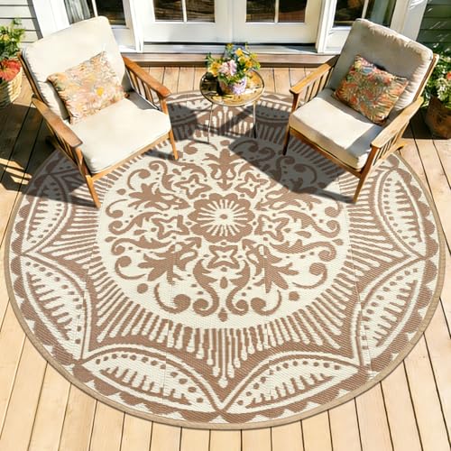 Capslpad 5x5 Floral Outdoor Rug for Patio Clearance Reversible Mat Round Portable Plastic Straw Carpet Waterproof Boho Indoor Outside Area Rugs for RV Camping Picnic Balcony Beach Deck, Light Beige - color: Light Beige, size: 5' (Round)