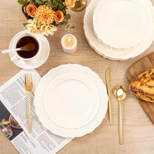 U-QE 100 Pieces Ivory Plastic Plates for Party - Ivory Disposable Plastic Plates - Heavy Duty Disposable Platos Including 50 Dinner 10 '' & 50 Dessert 7.5 '' for Weddings - color: Ivory