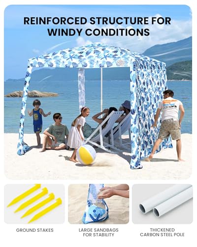 Qipi Beach Cabanas for Sand, Beach Canopy with Sandbags & Side Wall for Family, Easy Set Up Sun Shelter, UPF 50+ UV Protection with Roof Vent - color: 8' x 8' Sea Life Dual-Fold