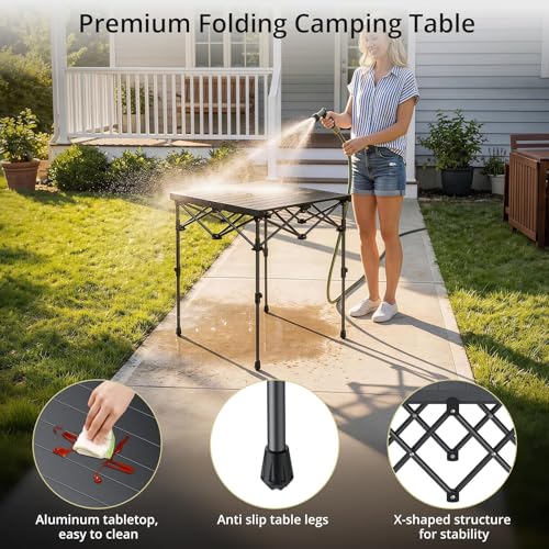 Anbte Camping Table Foldable, 2 Height Max 27.5" Aluminum Roll up Camping Table with Carry Bag & Heat-Resistant Tabletop, Lightweight, for Indoor Outdoor RV BBQ Picnic Patio Beach, 26" x 23", Black - size: 67 x 58 x [44/70] cm