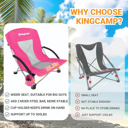KingCamp Low Beach Chair Folding Portable Lightweight Backpack Chair for Adults with Cup Holder Pocket Carry Bag for Outdoor Camping Concert Festival Travel Sports Lawn Sand, Rose - color: Darkrose-low Back