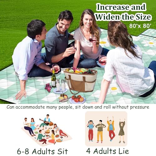 Extra Large Picnic Blanket Waterproof,80"x 80"Foldable Machine Washable Beach Blanket,Outdoor Blanket for 6-8 Adults,Suitable for Indoor Crawling,Park Beach,Camping,Hiking,Family Travel(Light green) - color: Green Flower, size: 6'8" x 6'8" (Square)