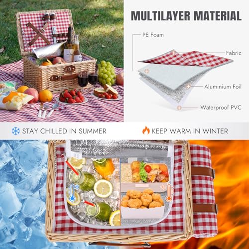 HappyPicnic Picnic Basket Set for 2 - Wicker Picnic Basket with Waterproof Blanket & Insulated Liner, Large Handmade Willow Hamper with Cutlery Kit for Outdoor, Picnic, Camping, Party, Holidays (Red) - color: Red Check