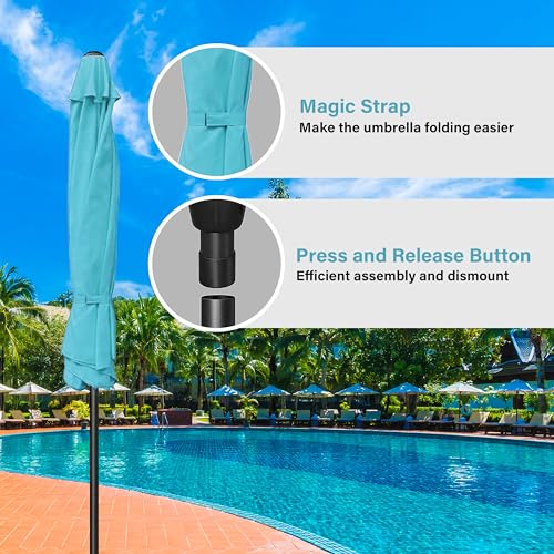 HealSmart 9ft Patio Umbrella with Push Button Tilt/Crank, Outdoor Table Market Yard Umbrella with 8 Sturdy Ribs for Garden, Backyard, Deck, Pool, Turquoise - color: Turquoise, size: 9FT