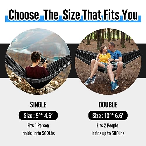 Grassman Camping Hammock Double & Single Portable Hammock with Tree Straps, Lightweight Nylon Parachute Hammocks Camping Accessories Gear for Indoor Outdoor Backpacking, Travel, Hiking, Beach - color: Black & Grey, size: One Person