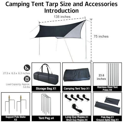 Camping Tent Tarp with Thickened Stainless Steel Bracket - PU 20000mm+ Waterproof Rain Shelter, UPF2000+ Anti-UV Camping Canopy, Portable Sun Shade for Camping, Hiking, Picnic