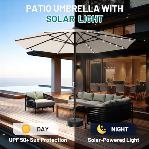 AreShark 11FT Large Patio Umbrella with Solar Lights, Lighted Solar Umbrella with Crank, Outdoor Table Market Umbrellas for Garden, Deck, Backyard, Pool and Beach, Cream-White - color: Cream-White, size: 11 Ft