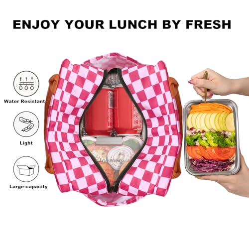 Joymee Lunch Bag Women Insulated Lunch Box Reusable Leakproof Large Spacious Cooler Tote for Women Men Adult with Bottle Holder and Side Pockets for Work Office Travel Picnic - Checker Pink - color: 04 Checker Pink