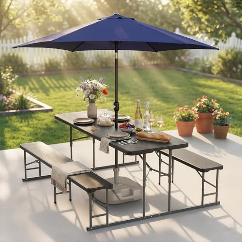 VINGLI Folding Picnic Table and Bench Set with Umbrella, Portable Outdoor Dining Furniture for Camping, Patio, Backyard, Wood Grain Plastic Top with Metal Frame (White) - color: Black, style: With Umbrella