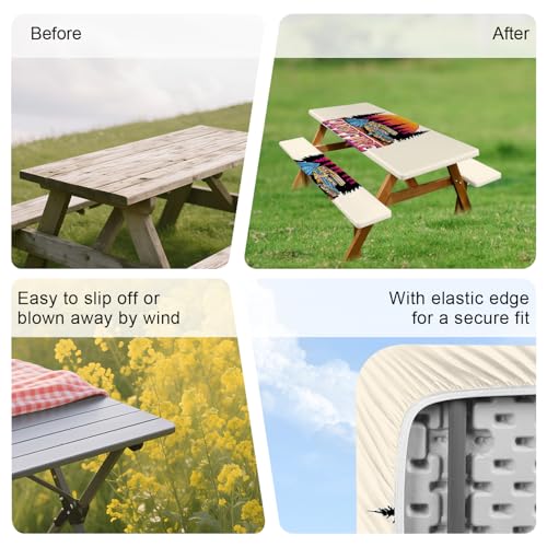 ANNA QUEEN Retro Camping Adventure 6FT Picnic Table Cover with Bench Covers Set of 3 with Drawstring Bag, Vintage Camper 72"x30" Waterproof Picnic Tablecloth & Bench Covers - color: #55