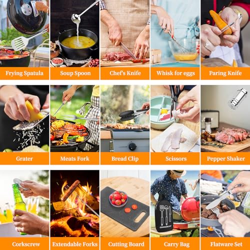 Camping Cooking Utensils Set, Stainless Steel Grill Tools, Camping BBQ Cookware Gear and Equipment for Travel Tenting RV Van Picnic Portable Kitchen Essentials Accessories - color: Black-28 PCS